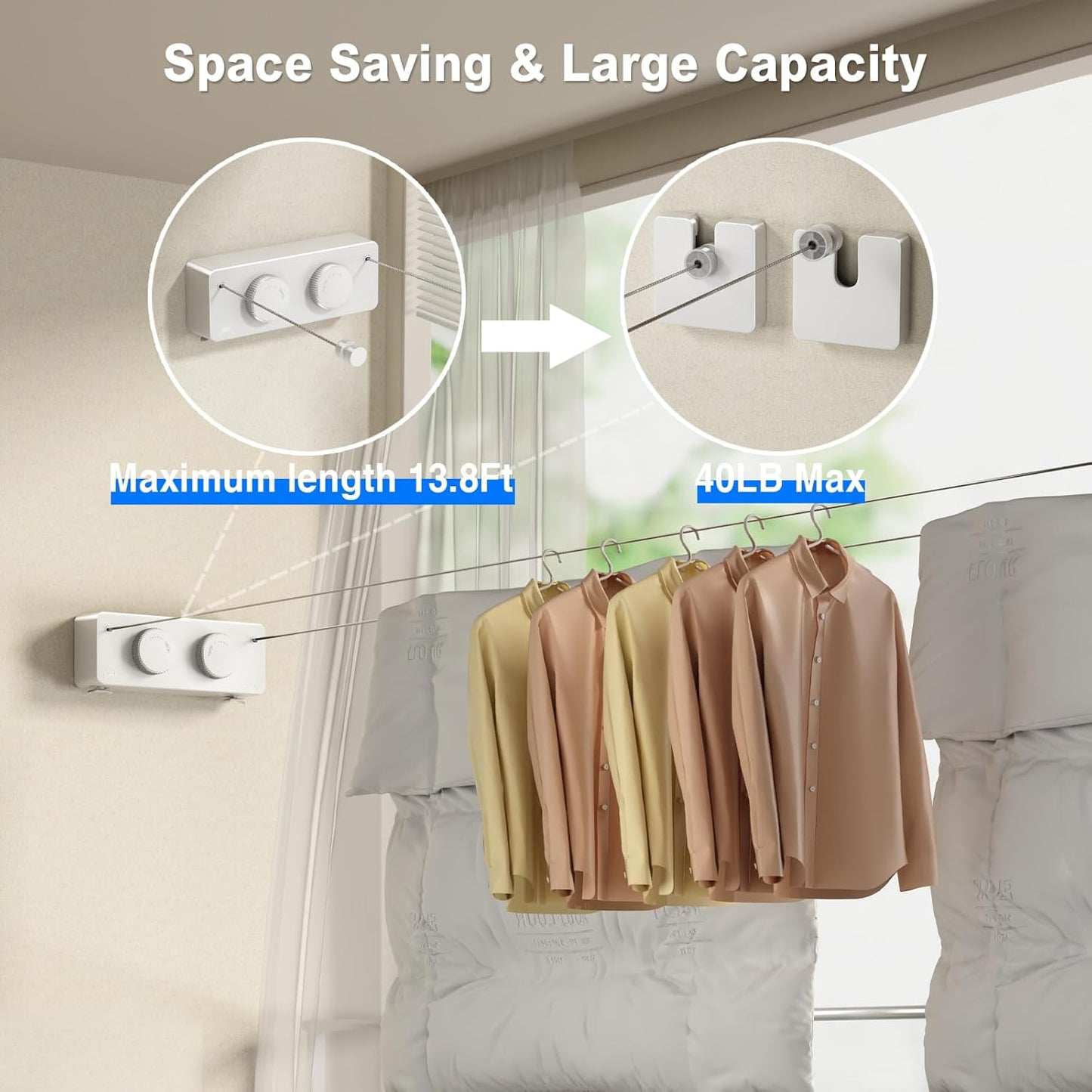 Retractable Twin Clothesline Indoor, Non-Sagging Outdoor Clothes Line Retracting Heavy Duty Clothes