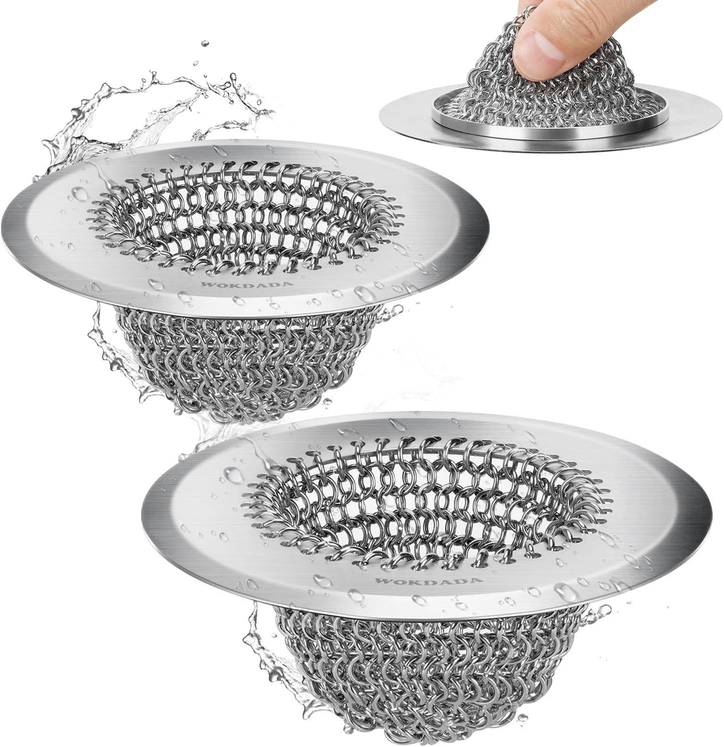 2 Pcs Sink Drain Strainer: Anti-Slip Flexible Chainlink, 304 Stainless Steel. Upgraded Clog-Free