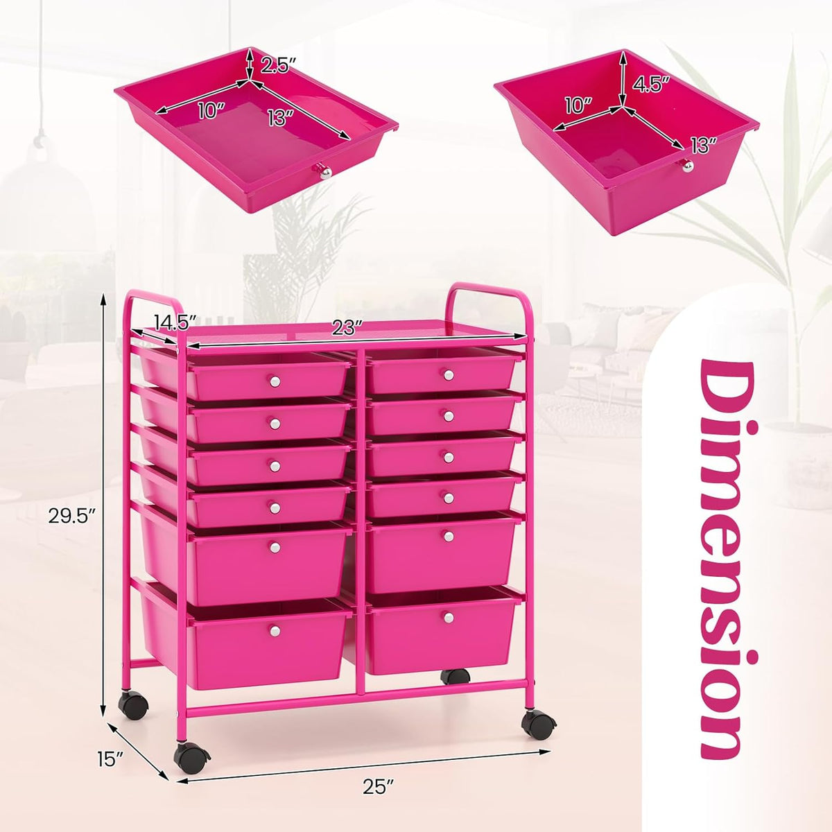 GOFLAME 12-Drawer Rolling Storage Cart, Multipurpose Organizer Cart with 2 Sizes Plastic Drawers
