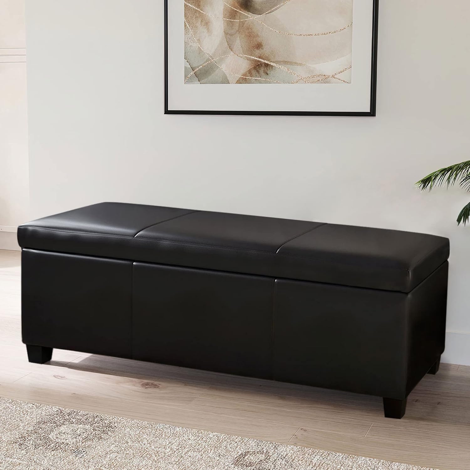 BELLEZE Storage Faux Leather Ottoman, 47 Inch Bench Bedroom Bench with Safety Close Hinge, Extra