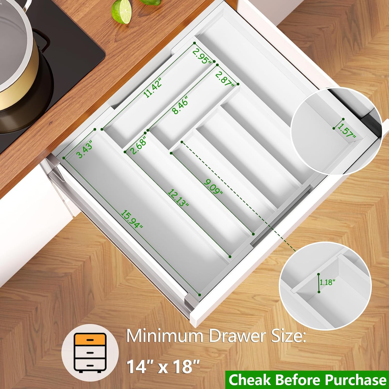 Pipishell Bamboo Expandable Drawer Organizer for Utensils Holder, Adjustable Cutlery Tray, Wood