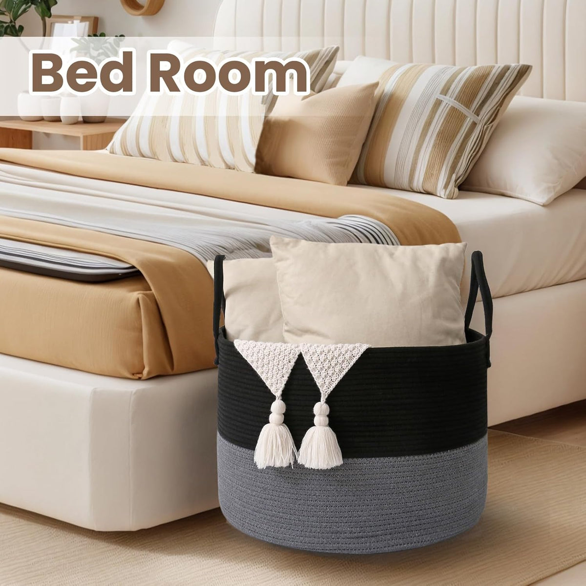 Woven Blanket Basket,115L Large Rope Storage Bin with Handles, Organizer for Blankets Toys Book and