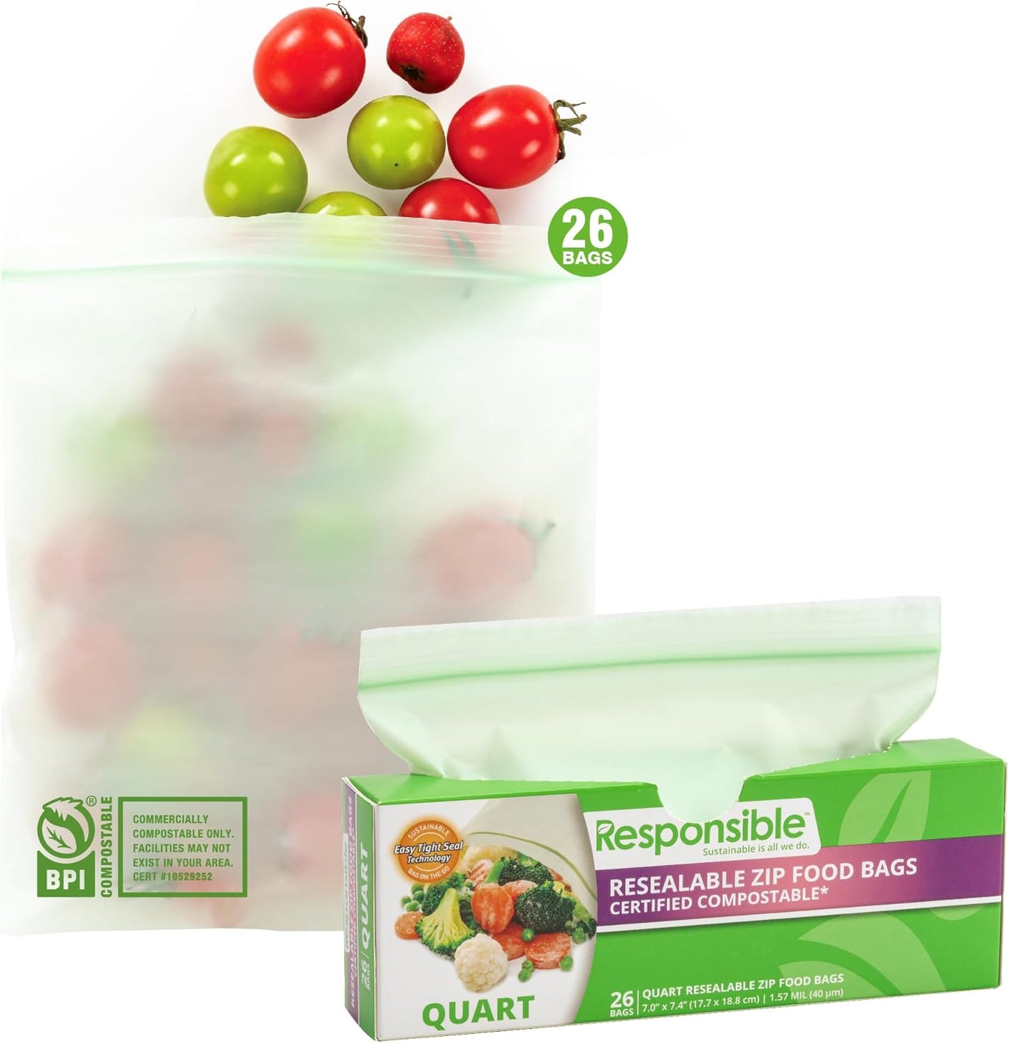 Responsible Products Certified Compostable QUART Resealable Zip Bag, Extra Strength Food Bags