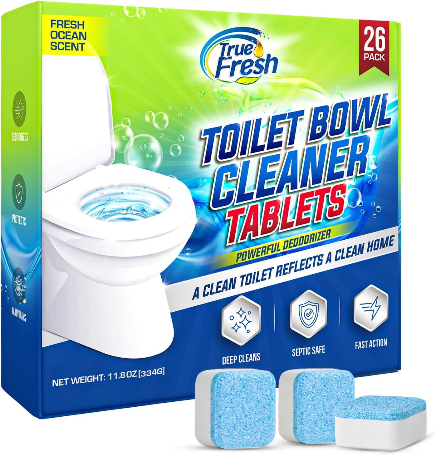True Fresh Toilet Bowl Cleaner Tablets 26 Pack – Deodorizer & Septic Safe – Deep Cleaning, Odor