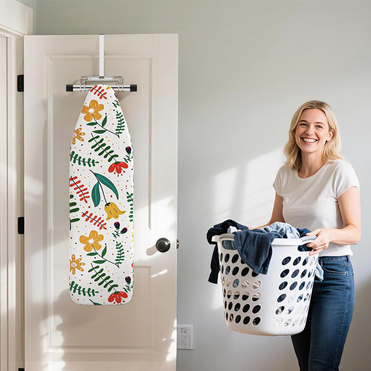 Over The Door & Wall Mount Ironing Board Hanger with Removable Hook, Metal Ironing Board Holder
