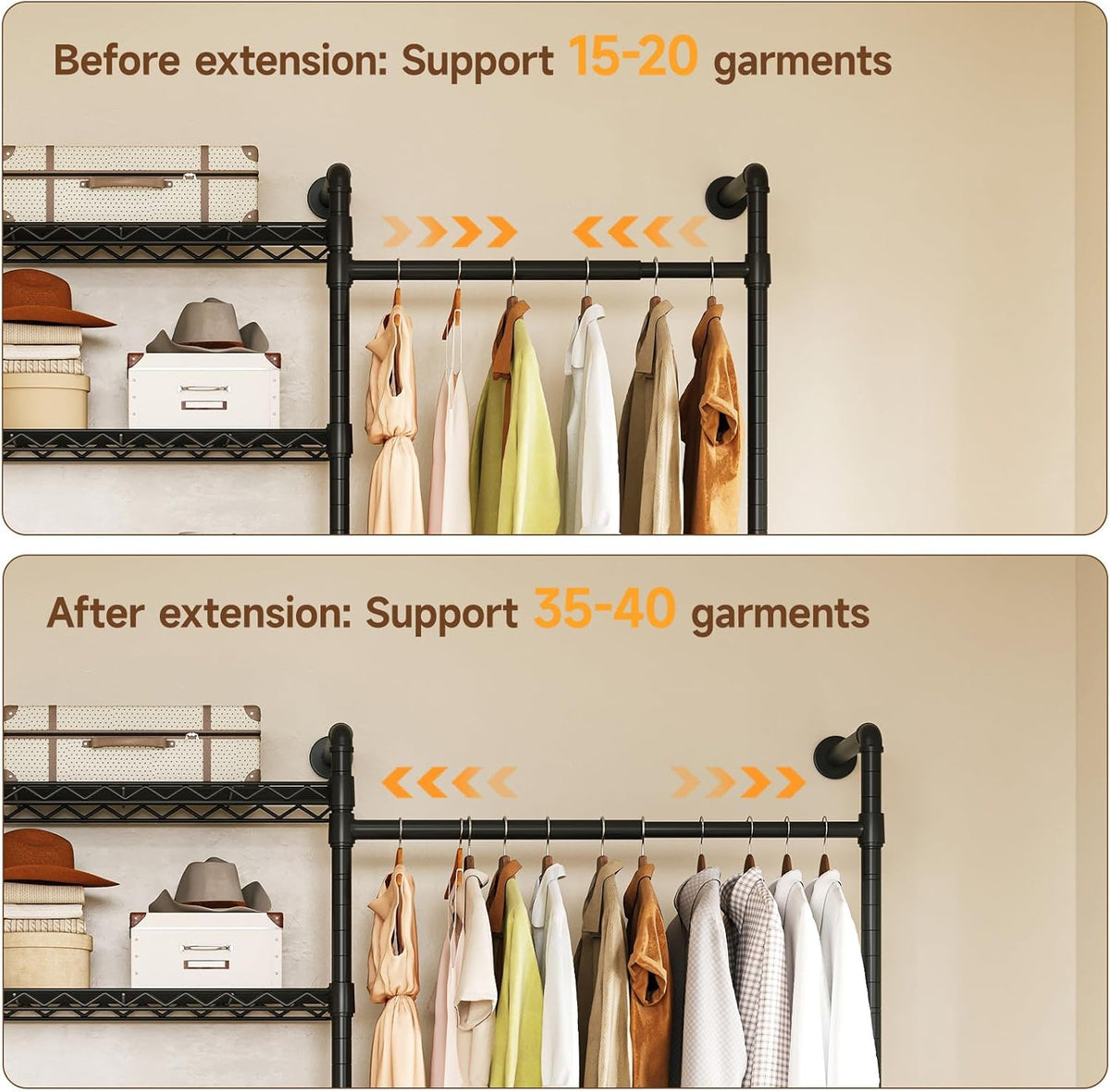 ONBRILL L4 Wall Mounted Industrial Pipe Clothing Rack, Closet Organizer System with 6 Hanging