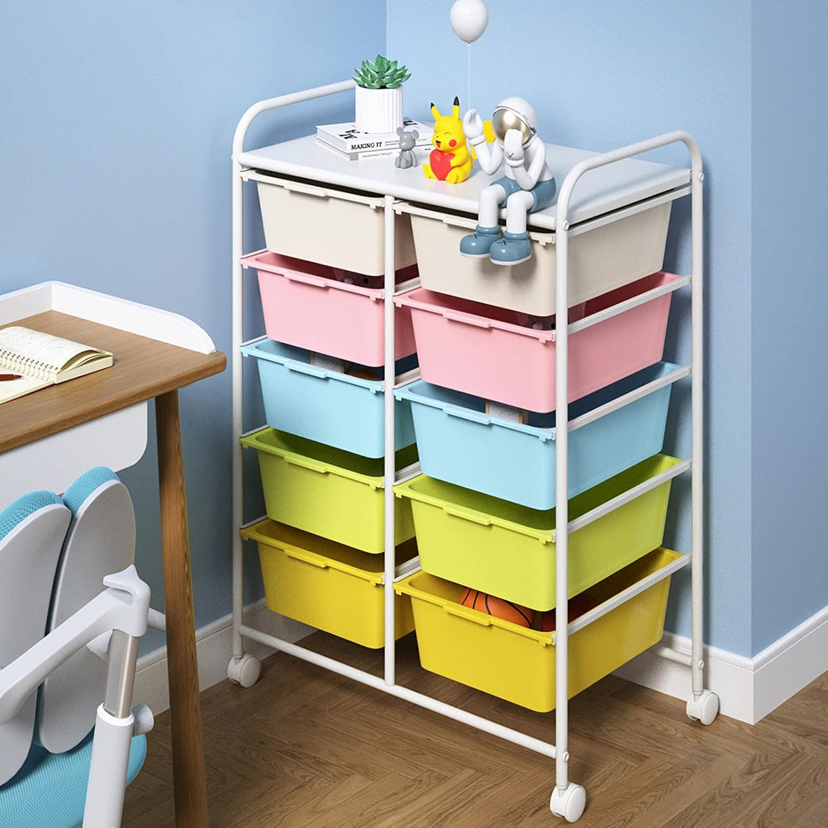 10 Drawers Rolling Storage Cart, Plastic Drawer Cart with Metal Frame, Multipurpose Art Craft Cart