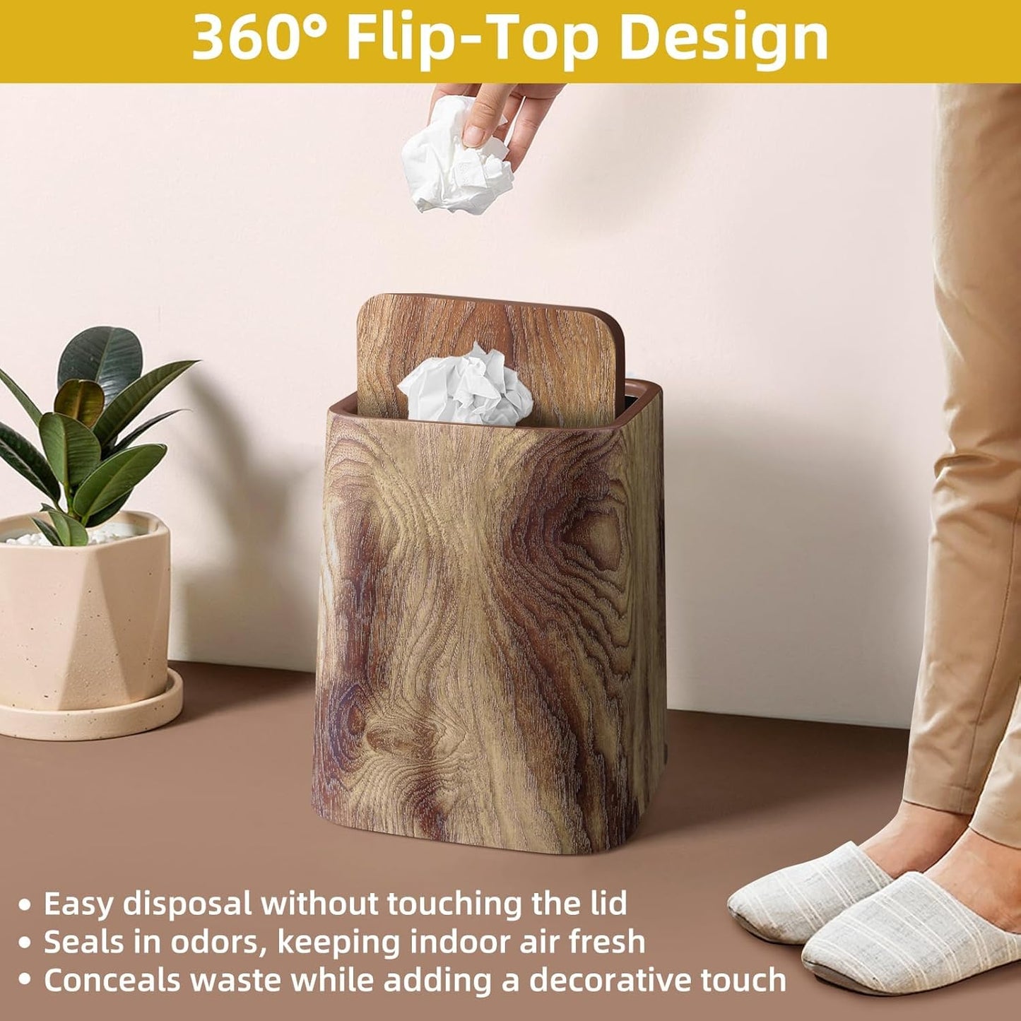 Wood Grain Plastic Trash Can Swing Top Lid, 4Gal/15L Farmhouse Wastebasket Bin Retro Style with