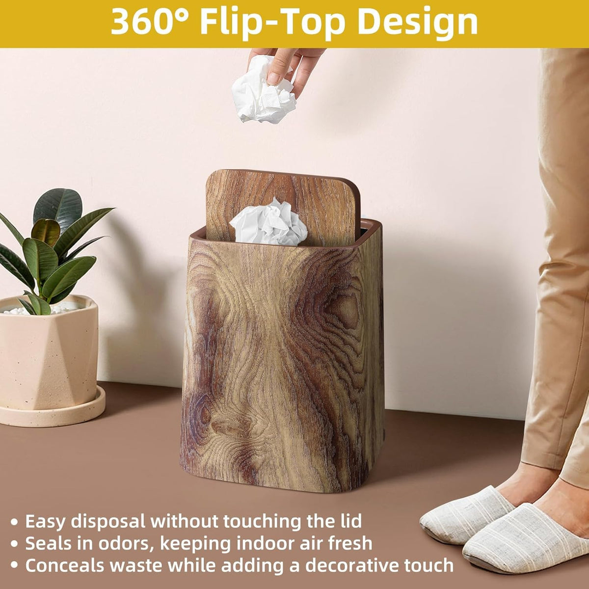 Wood Grain Plastic Trash Can Swing Top Lid, 4Gal/15L Farmhouse Wastebasket Bin Retro Style with