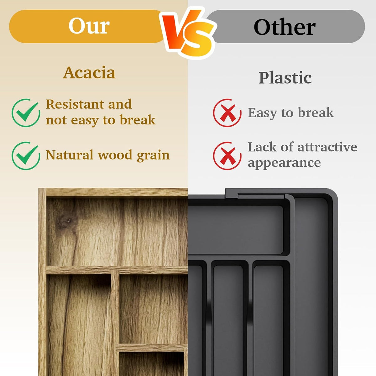 Acacia Wood Silverware Drawer Organizer, Kitchen Utensil Cutlery Drawer Organizer with Dividers