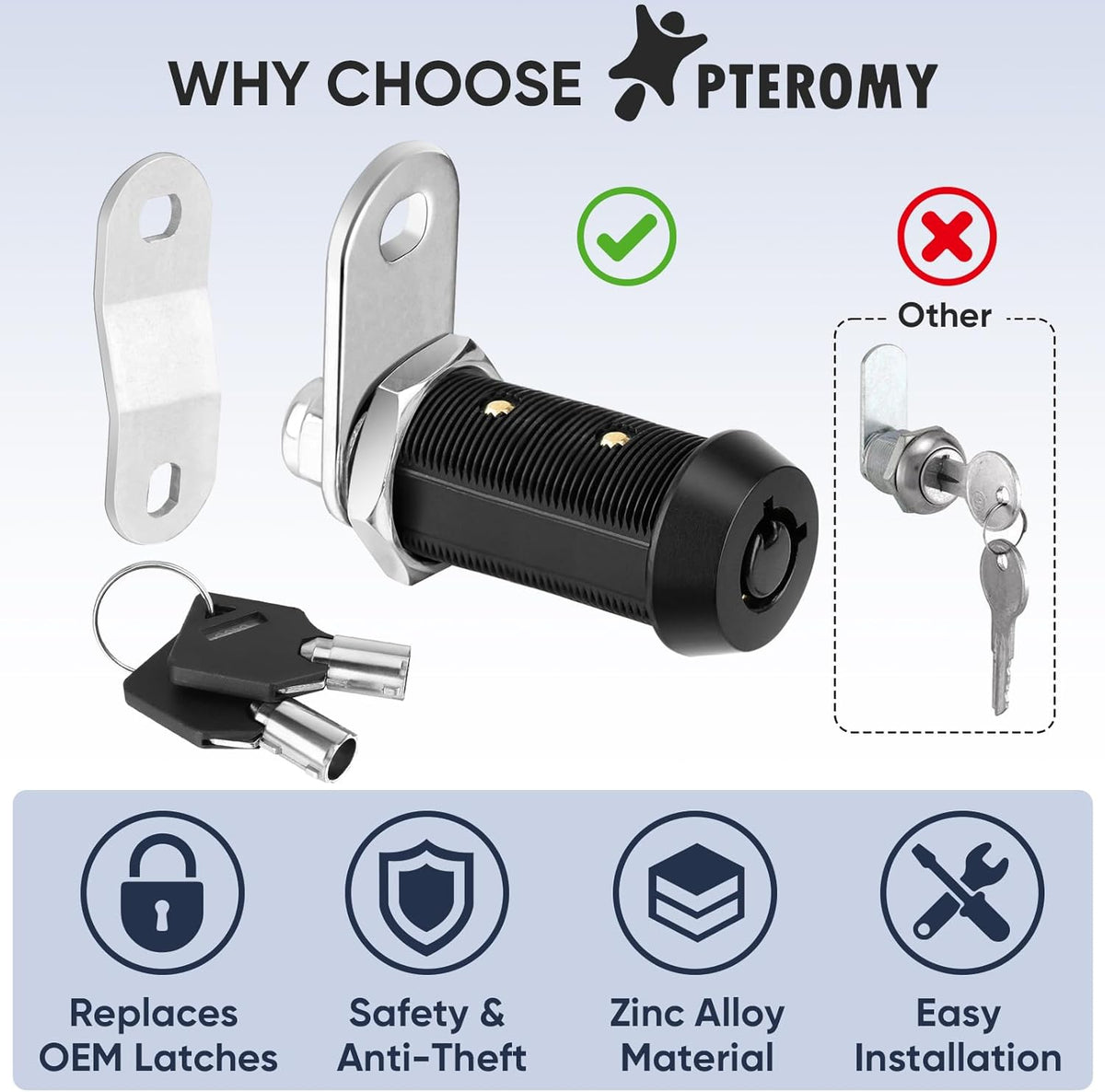 PTEROMY 12 Pack Cabinet Lock with Keys, 1-1/8'' Heavy Duty Tubular Cam Lock for RV Compartment