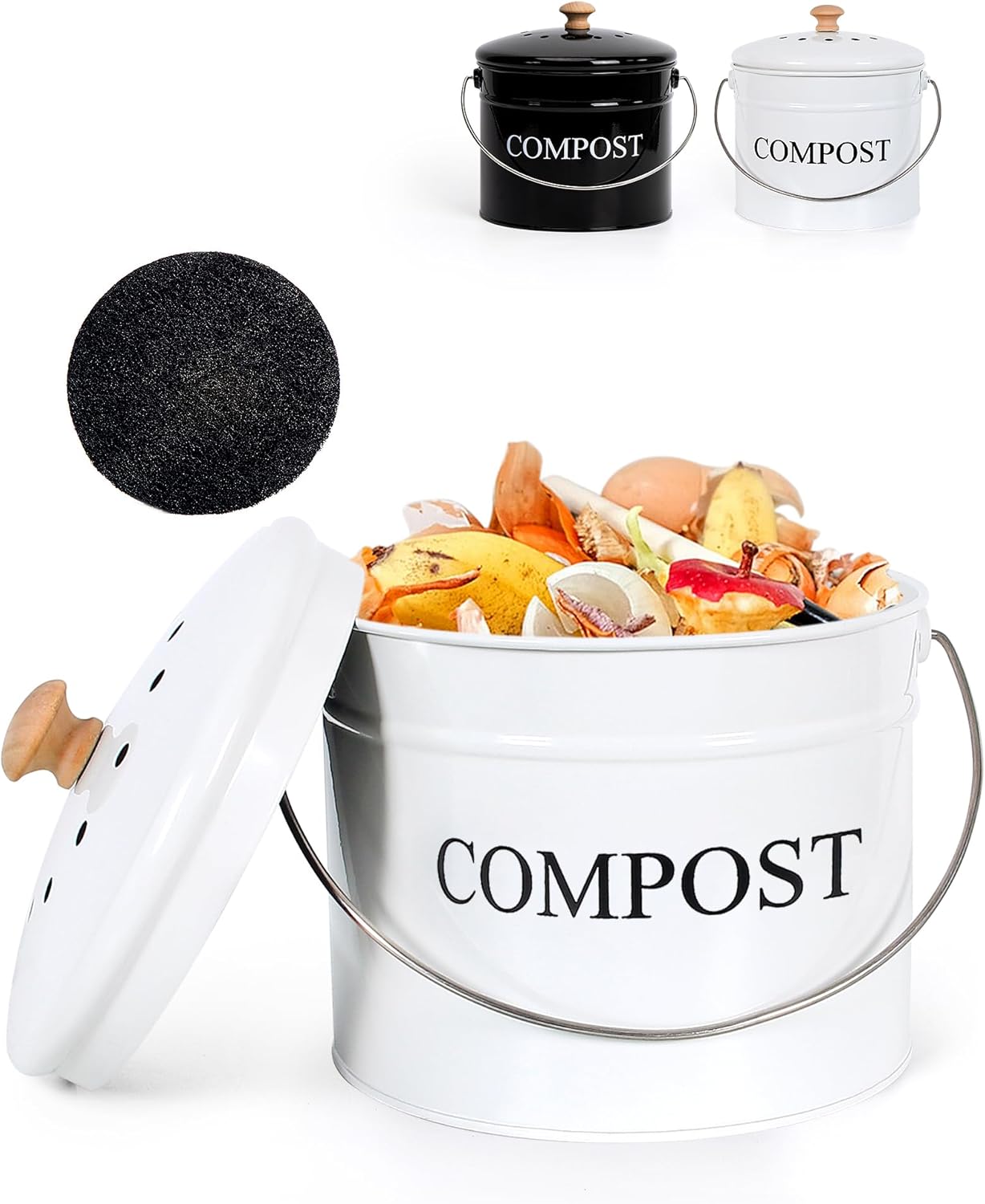 Compost Bin - 1 Gallon Countertop Composter with Lid, Charcoal Filters, Rust Proof Indoor Food