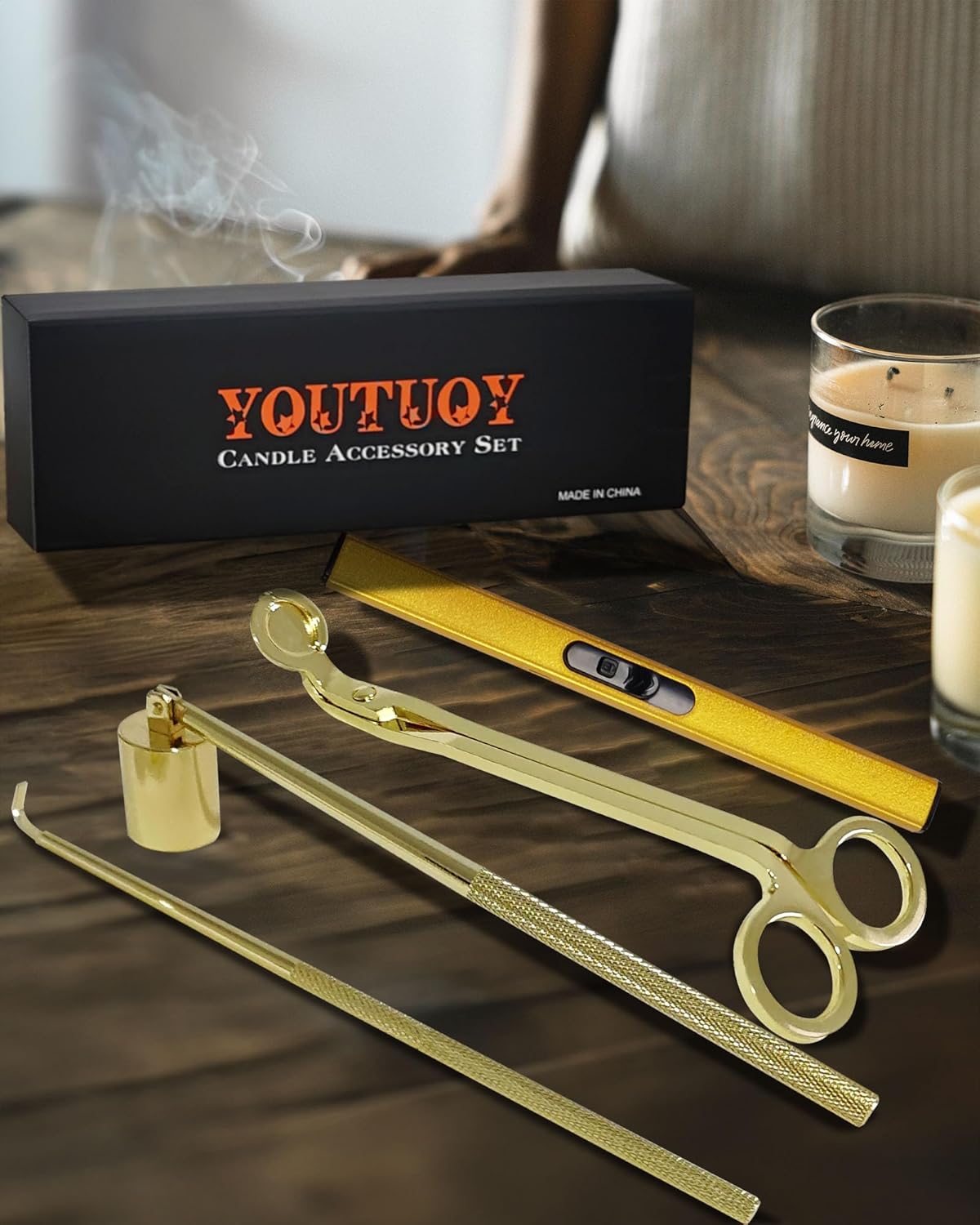 4 in1 Candle Accessory Set with Rechargeable Candle Lighter, Candle Wick Trimmer, Candle Wick