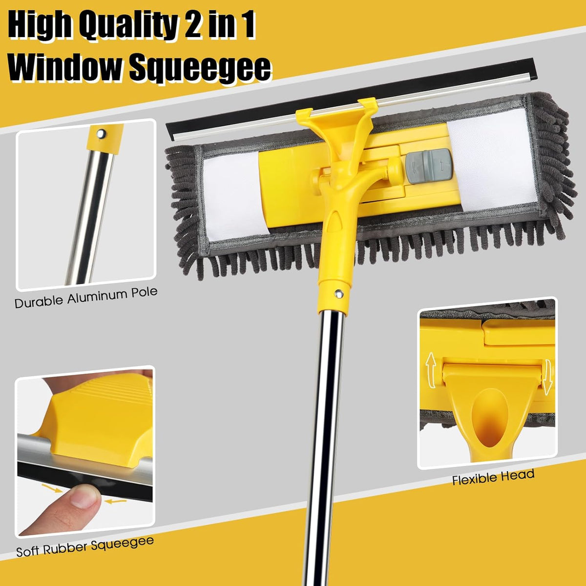 81" Long Handle Window Cleaner Tool Squeegee with Extension Pole, 2 in 1 Large Surface Window