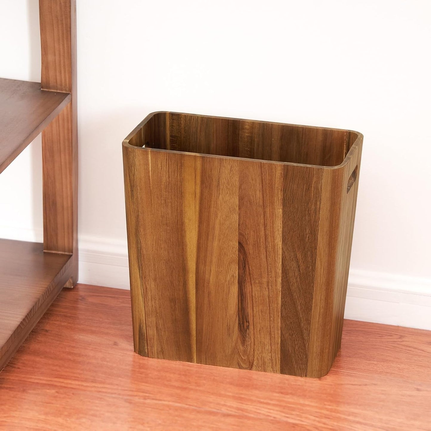 3 Gallons Wooden Wastebaskets, Solid Acacia Wood Waste Basket with Handles, Rectangular Trash Can
