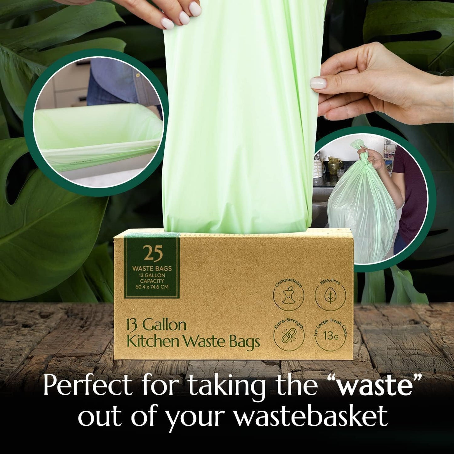 Cleanomic Compostable* 13 Gallon Trash Bags with Drawstring (2 Pack, 50 Count), BPI Certified For