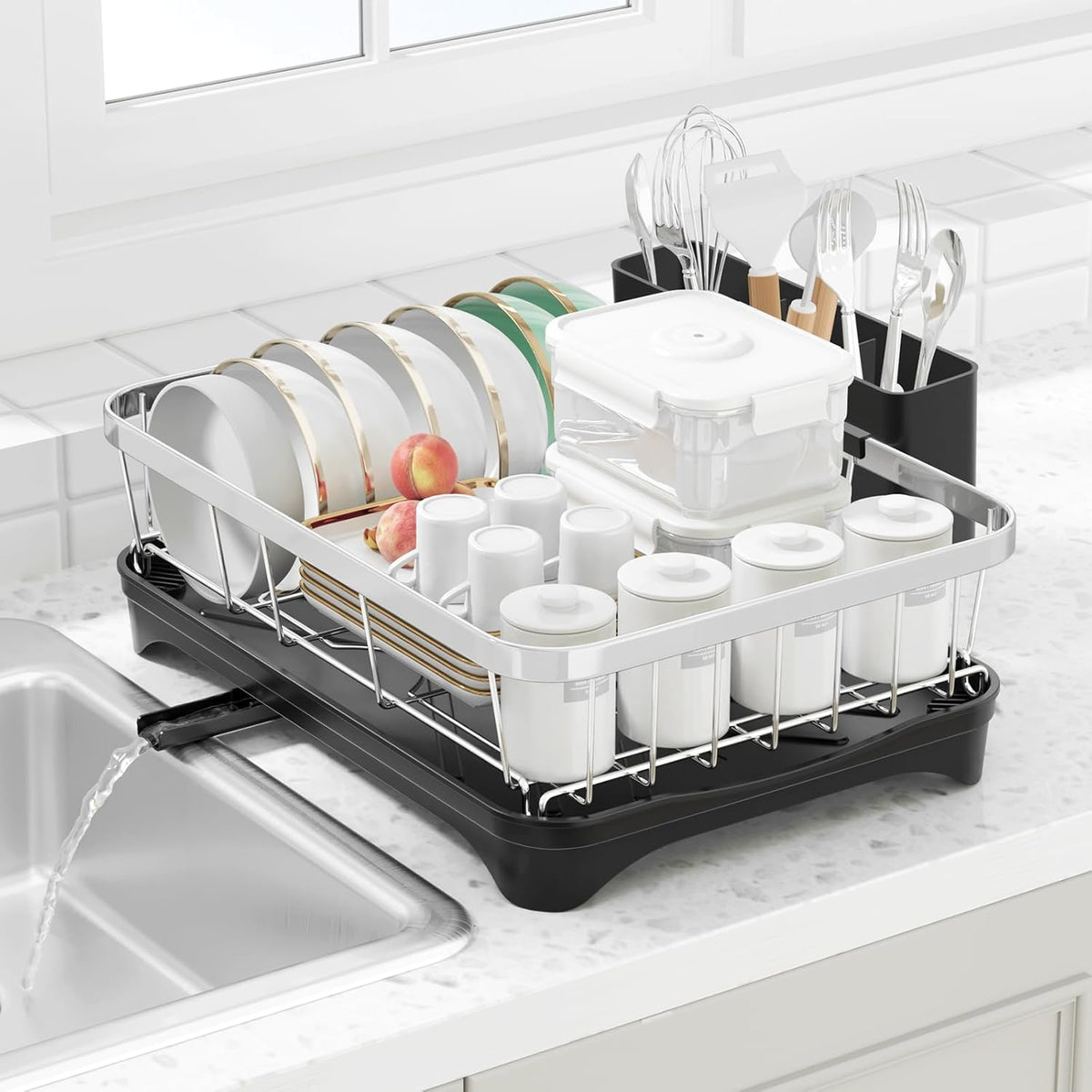 Dish Drying Rack 304 Stainless Steel Dish Rack with Drainboard,Space Spaving Auto-Draining Drying