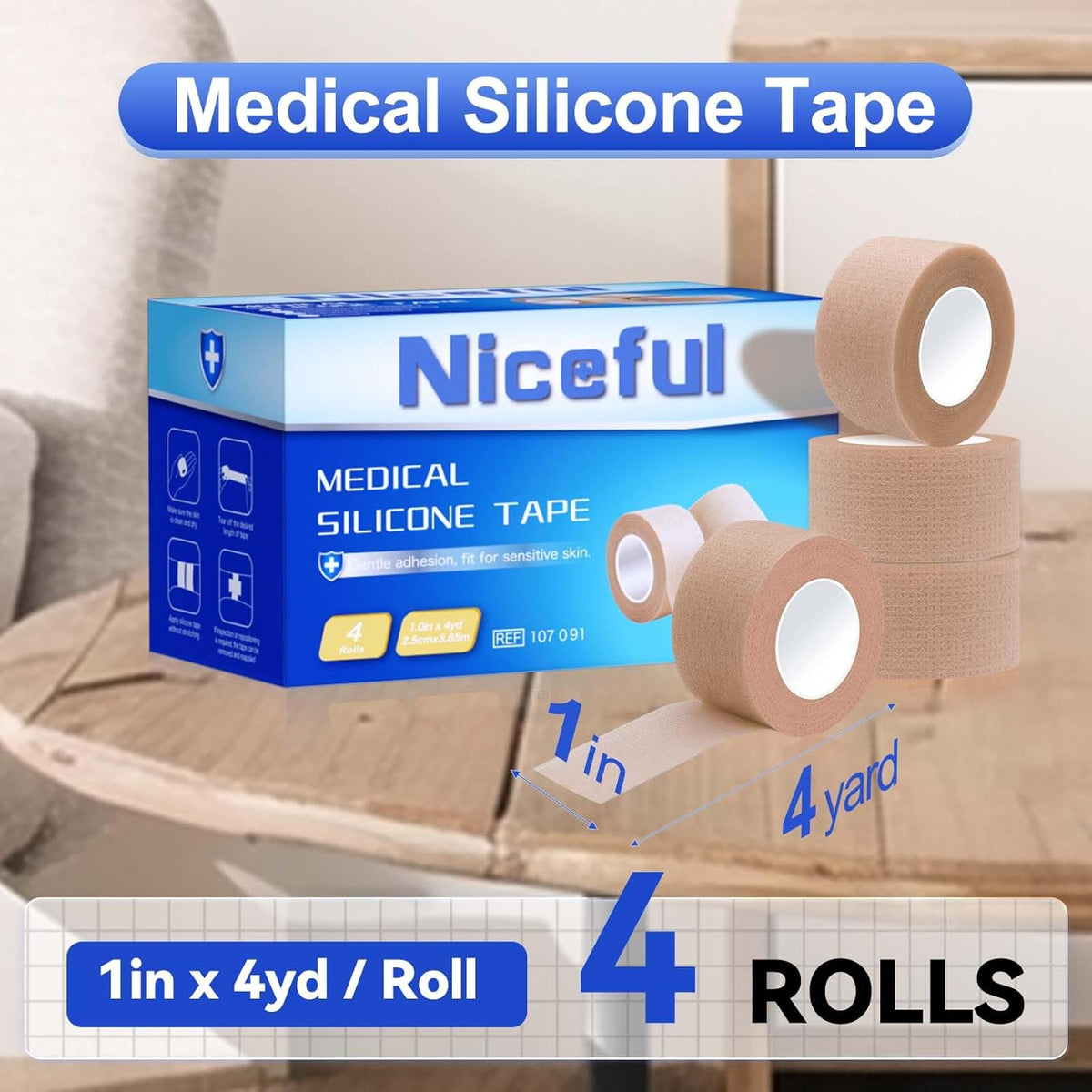 4 Rolls Medical Tape 1" x 4 Yard - Silicone Tape for Wound Care, Secures Dressings and Gauze, Easy