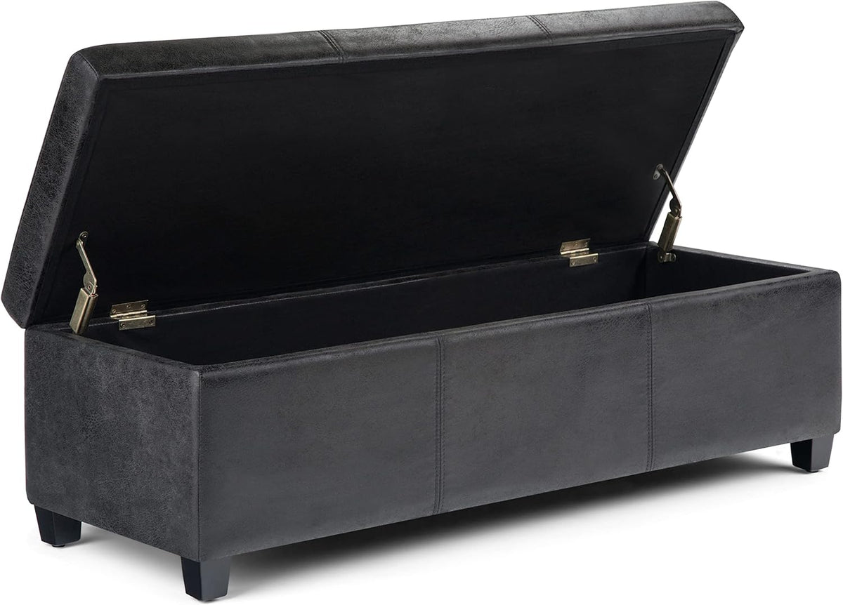 SIMPLIHOME Avalon 48 inch Wide Contemporary Rectangle Storage Ottoman Bench in Distressed Black