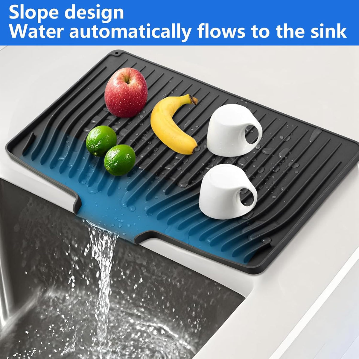 Silicone Dish Drying Mat for Kitchen Counter, Dish Drainer Mat, Non-Slip Drying Pad with Built-in