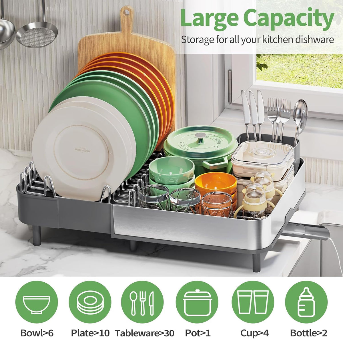 Expandable Dish Drying Rack,Foldable 304 Stainless Steel Dish Rack with Dual Parts, Extendable Dish