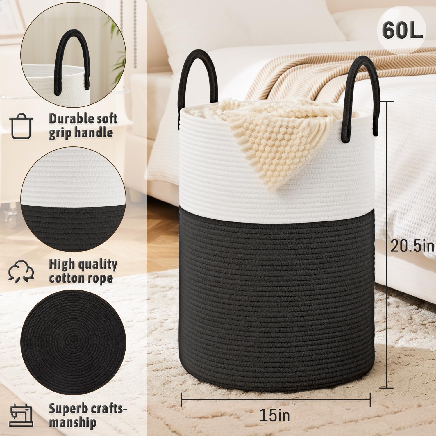 Laundry Basket,Woven Cotton Rope Laundry Hamper,60L for Decorative Storage of Dirty Clothes,Toys