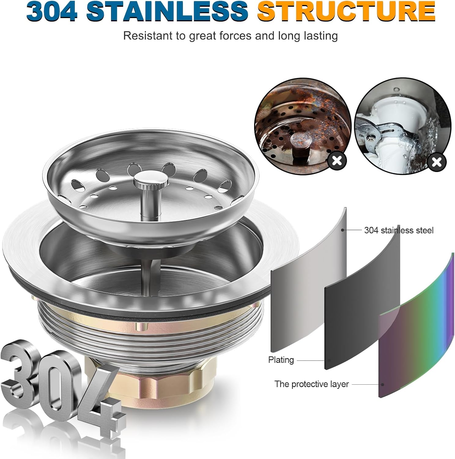 BOTEMY Stainless Steel Sink Drain Strainer Kit 3-1/2 inch Kitchen Drain Assembly with Metal Center