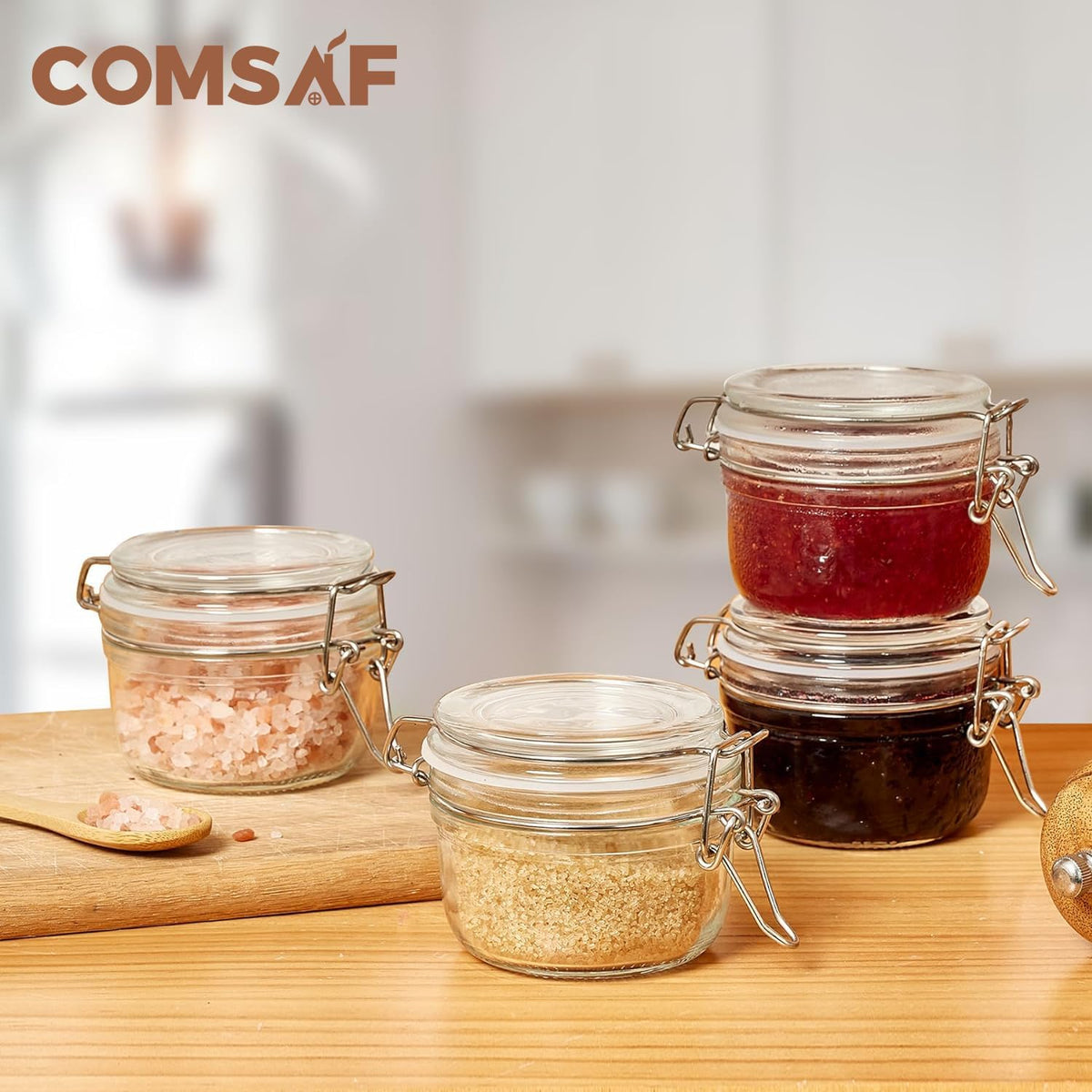 ComSaf 4oz Small Airtight Glass Jars Set of 6 with Lids Food Storage Jar Round, Mason Jar, Mini