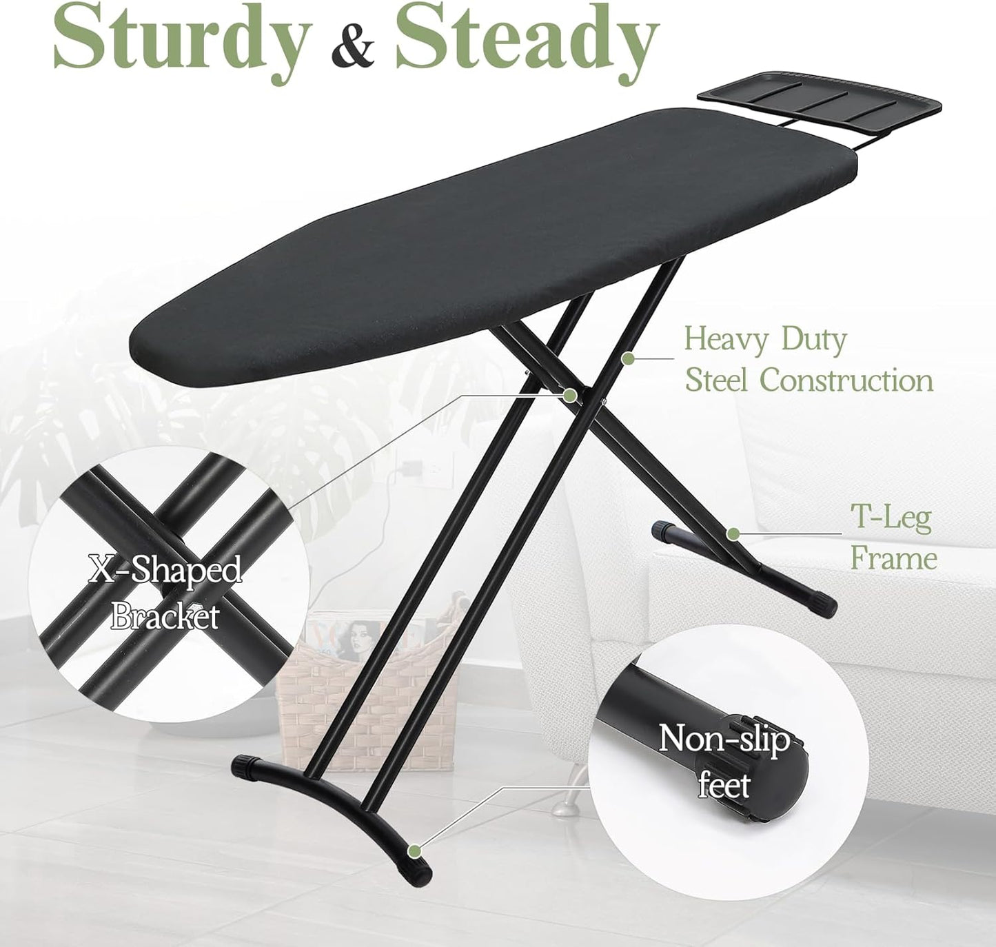 Ironing Board 48x15, Wide Heavy Duty Full Size Iron Board with Retractable Iron Rest, BlissBoard