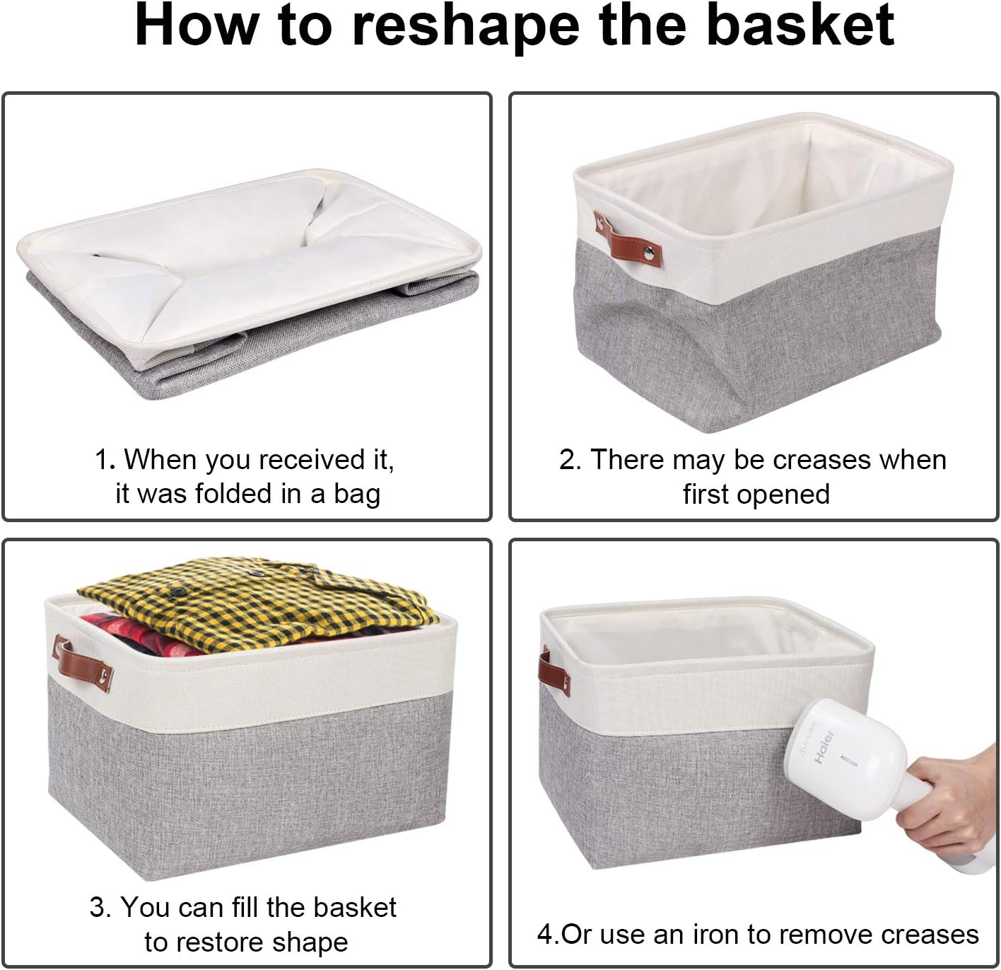 Univivi 15 inch Large Storage Baskets 4PC Gray Hard Bottom Foldable Storage Bins with PU Handles