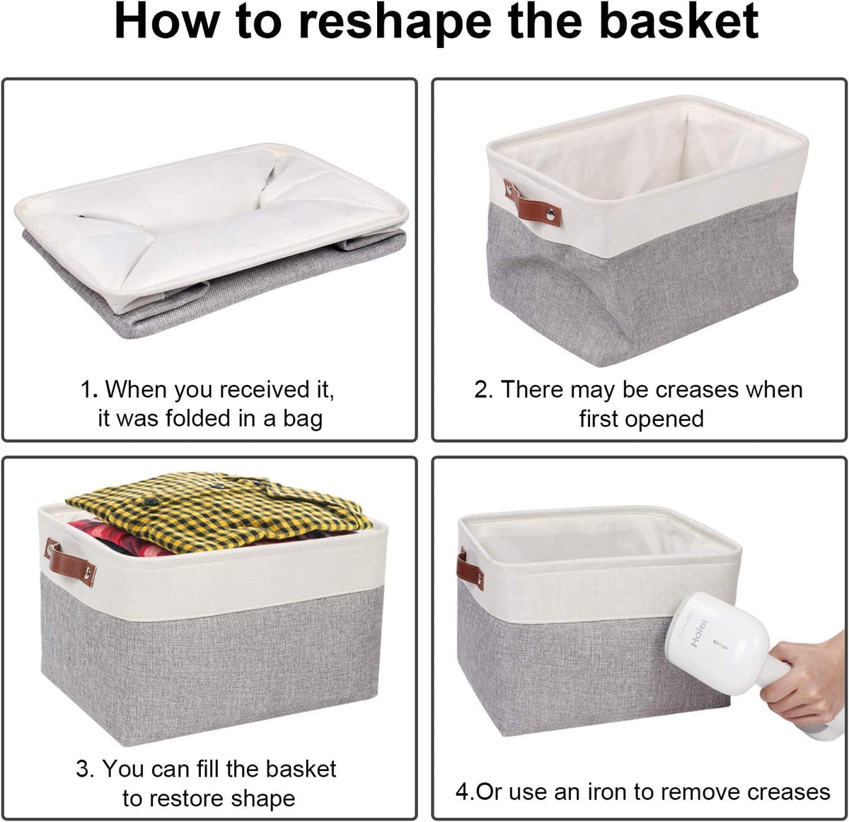Univivi 15 inch Large Storage Baskets 4PC Gray Hard Bottom Foldable Storage Bins with PU Handles