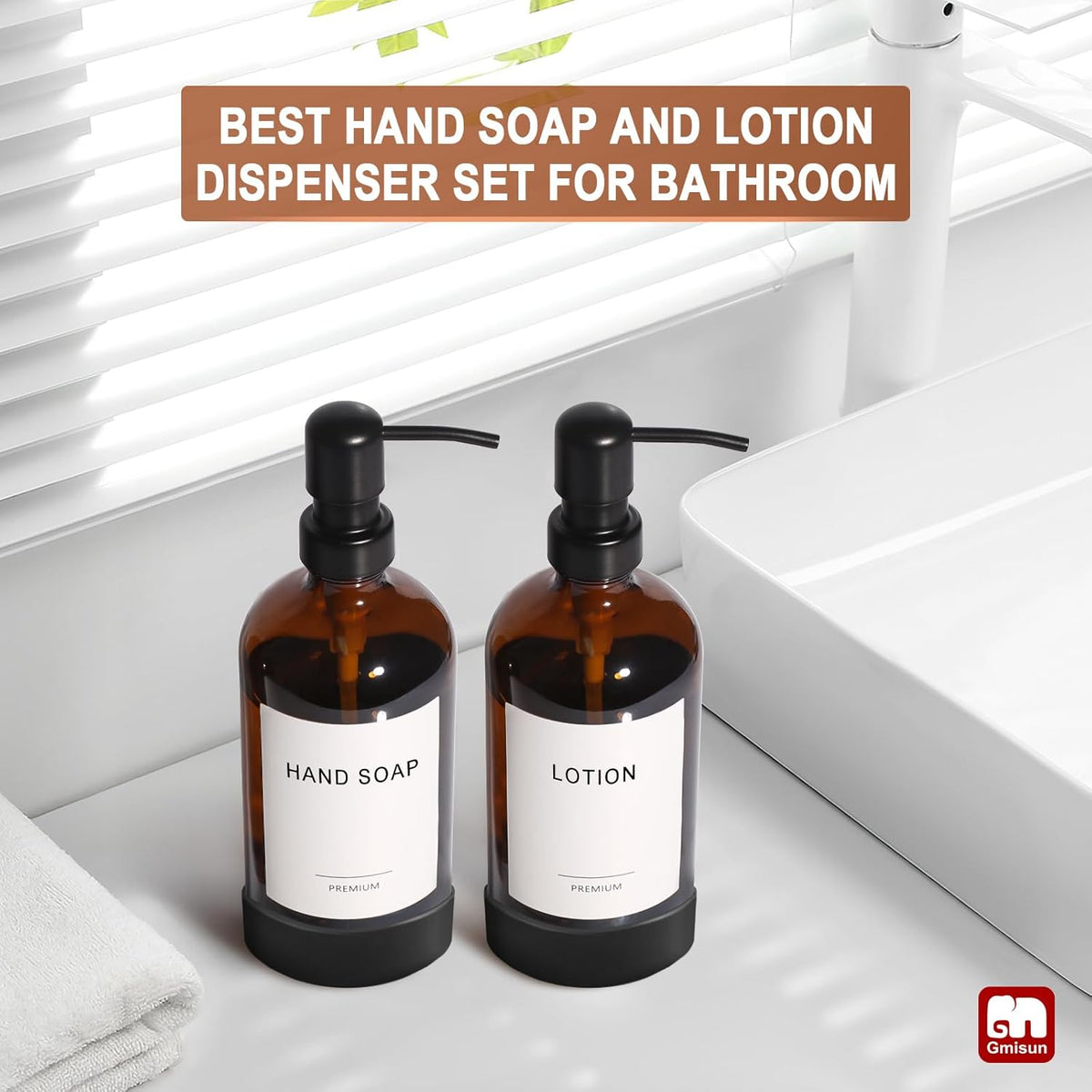 GMISUN Amber Glass Soap Dispenser with Silicone Sleeve Boot, 2 Pack Bathroom Hand Soap Dispensers