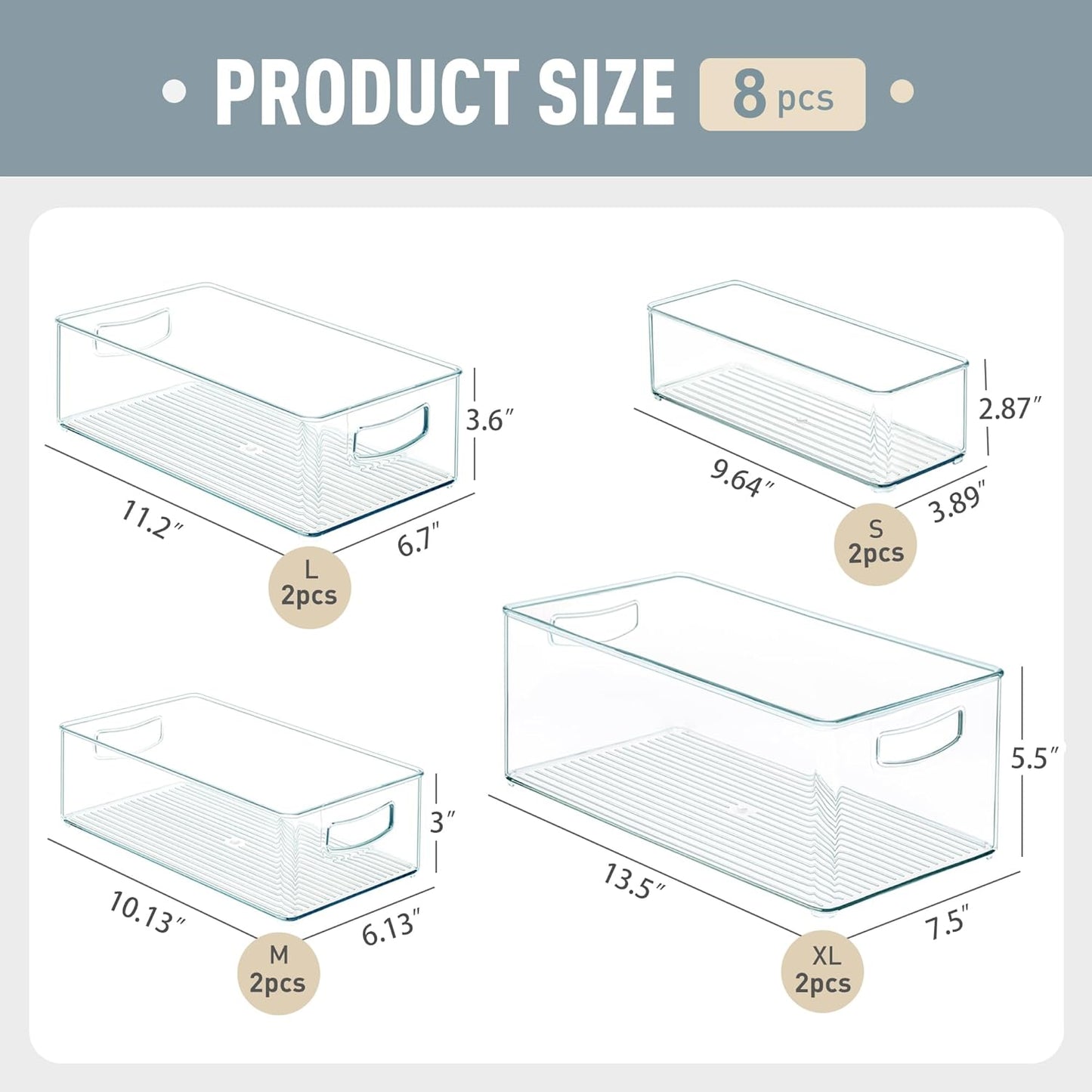 8 PACK Freezer Organizer Bins Clear Stackable Storage Bins with Side Handles for Fridge