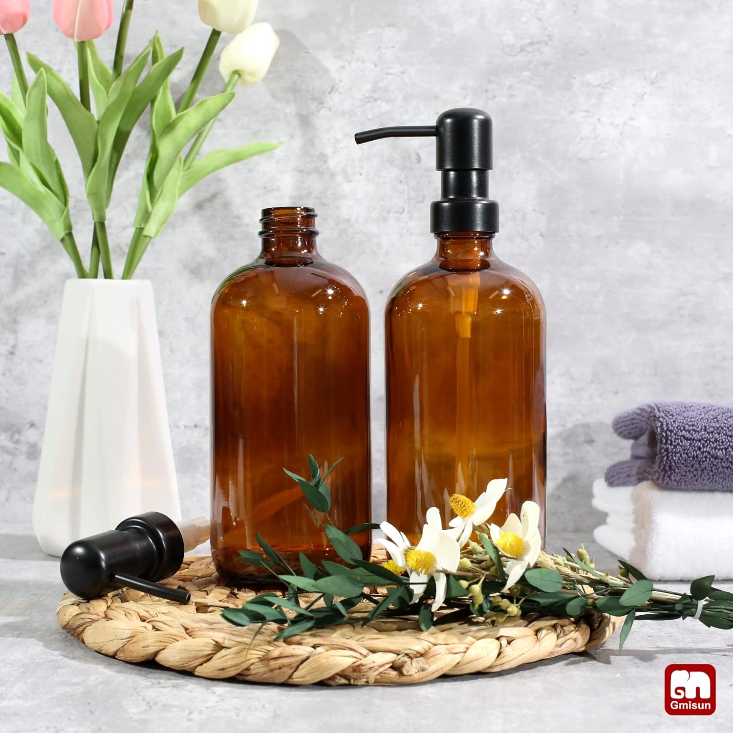 GMISUN Amber Glass Soap Dispenser, 2 Pack Bathroom Hand Soap Dispensers with Stainless Steel Pump