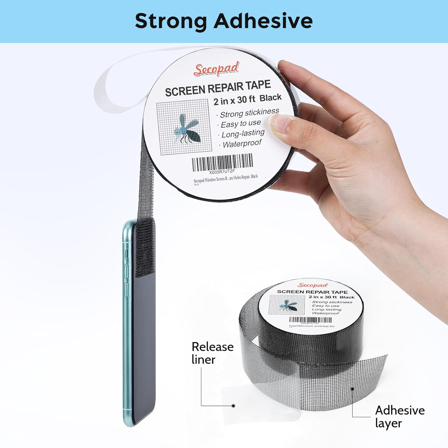 Black Window Screen Repair Tape, 2 in X 30 FT (360IN) Screen Repair Kit for Windows or Doors