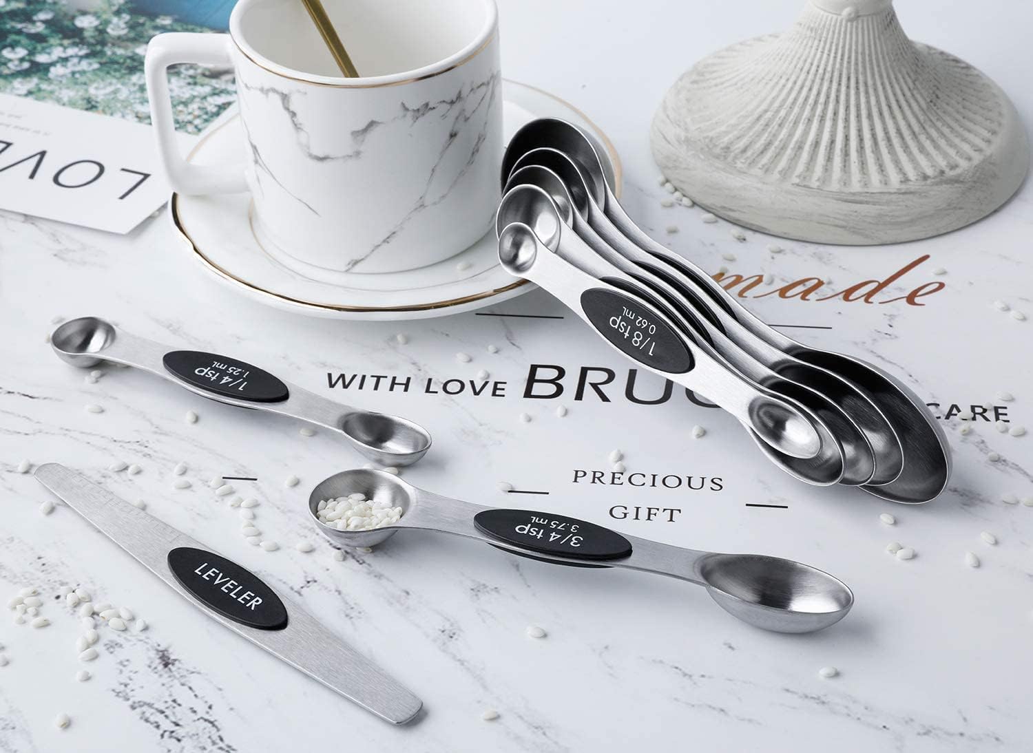 Magnetic Measuring Spoons Set of 8 Stainless Steel Stackable Dual Sided Nesting Teaspoons and