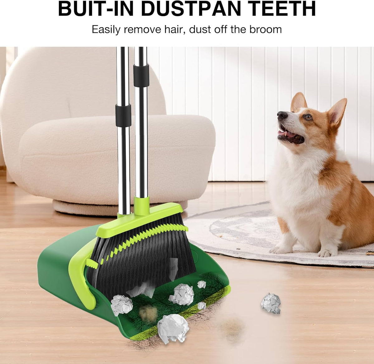 Broom and Dustpan Set, 52-in Long Adjustable Handle Broom Dustpan Combo with Dust pan Teeth to