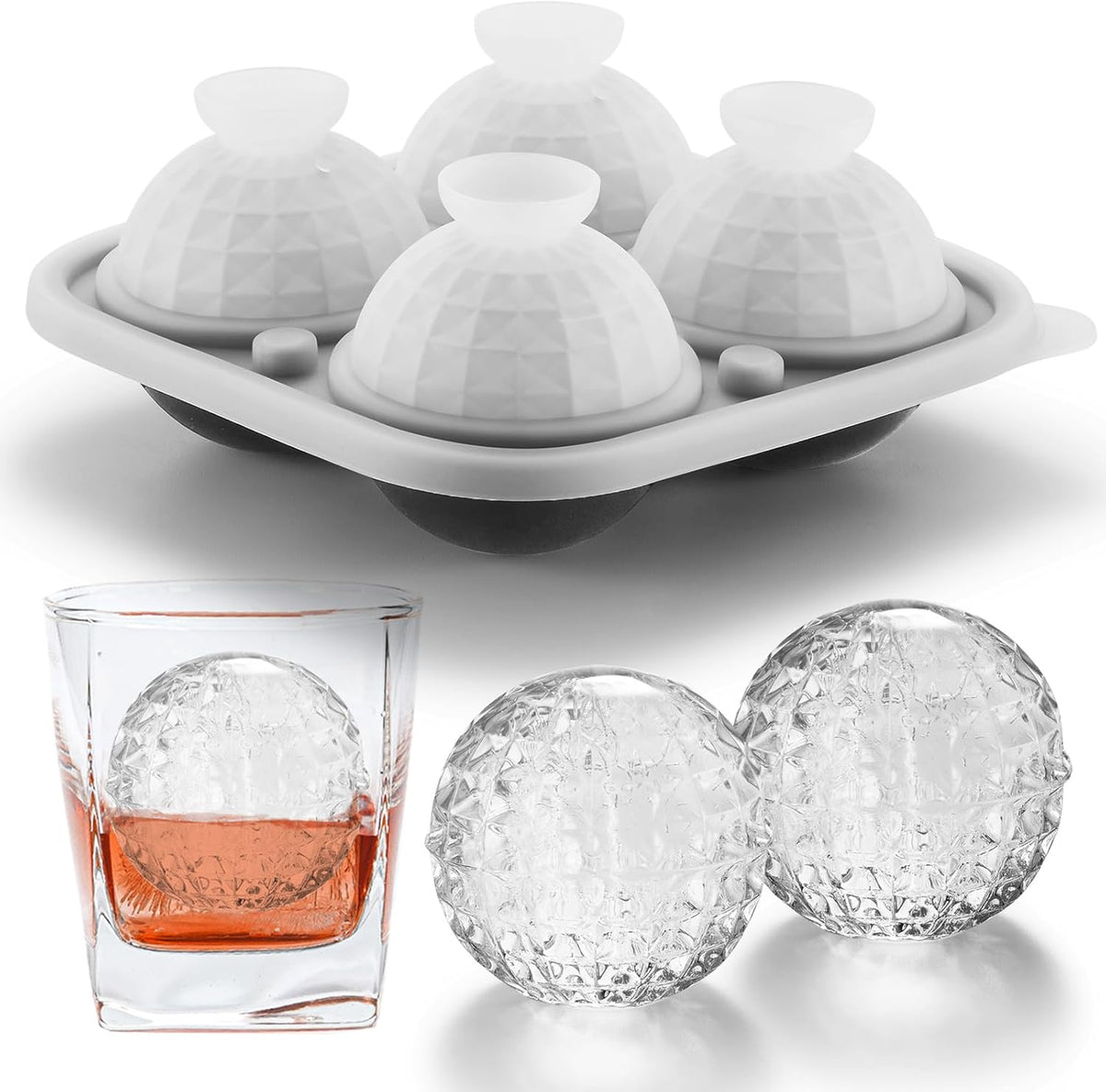 Nax Caki 3D Ball Crystal Ice Cube Tray, Large Ball Silicone Fun Shapes Whiskey Ice Mold with Funnel