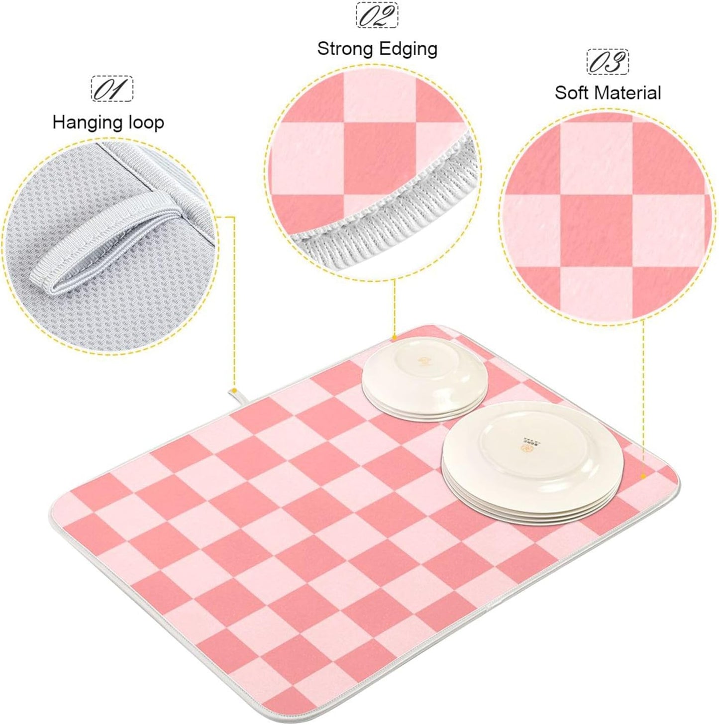 Buffalo Plaid Pink Dish Drying Mat for Kitchen Countertop 18x24 Chessboard Rectangle Large Drying