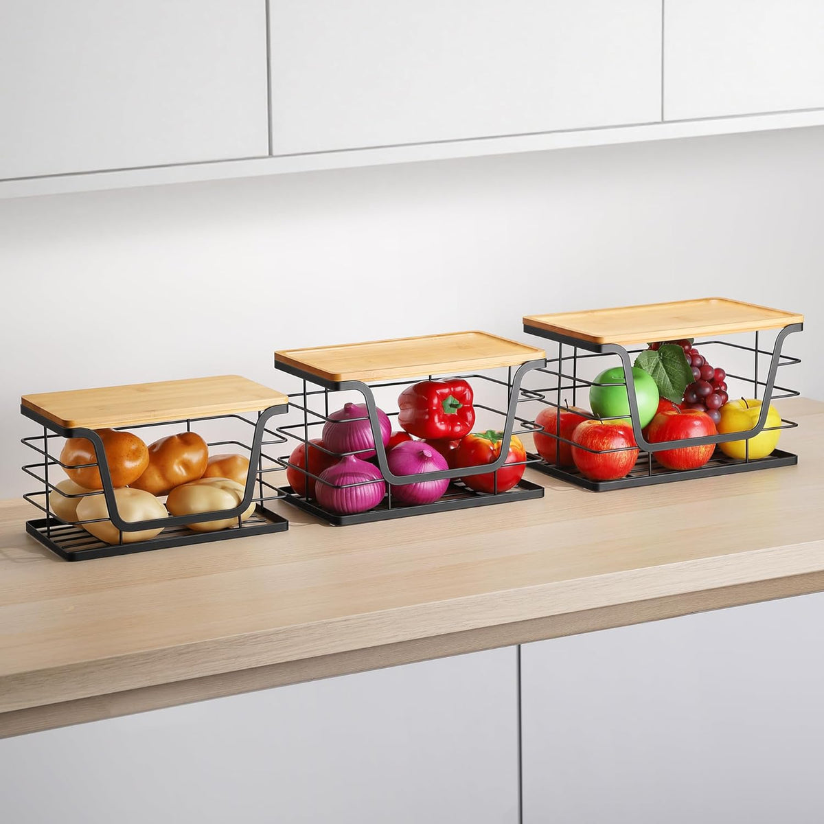 ALOCEO 3 Pack Stackable Storage Bins with Lids, Stainless Steel Trash Bag Dispenser Roll Holder for