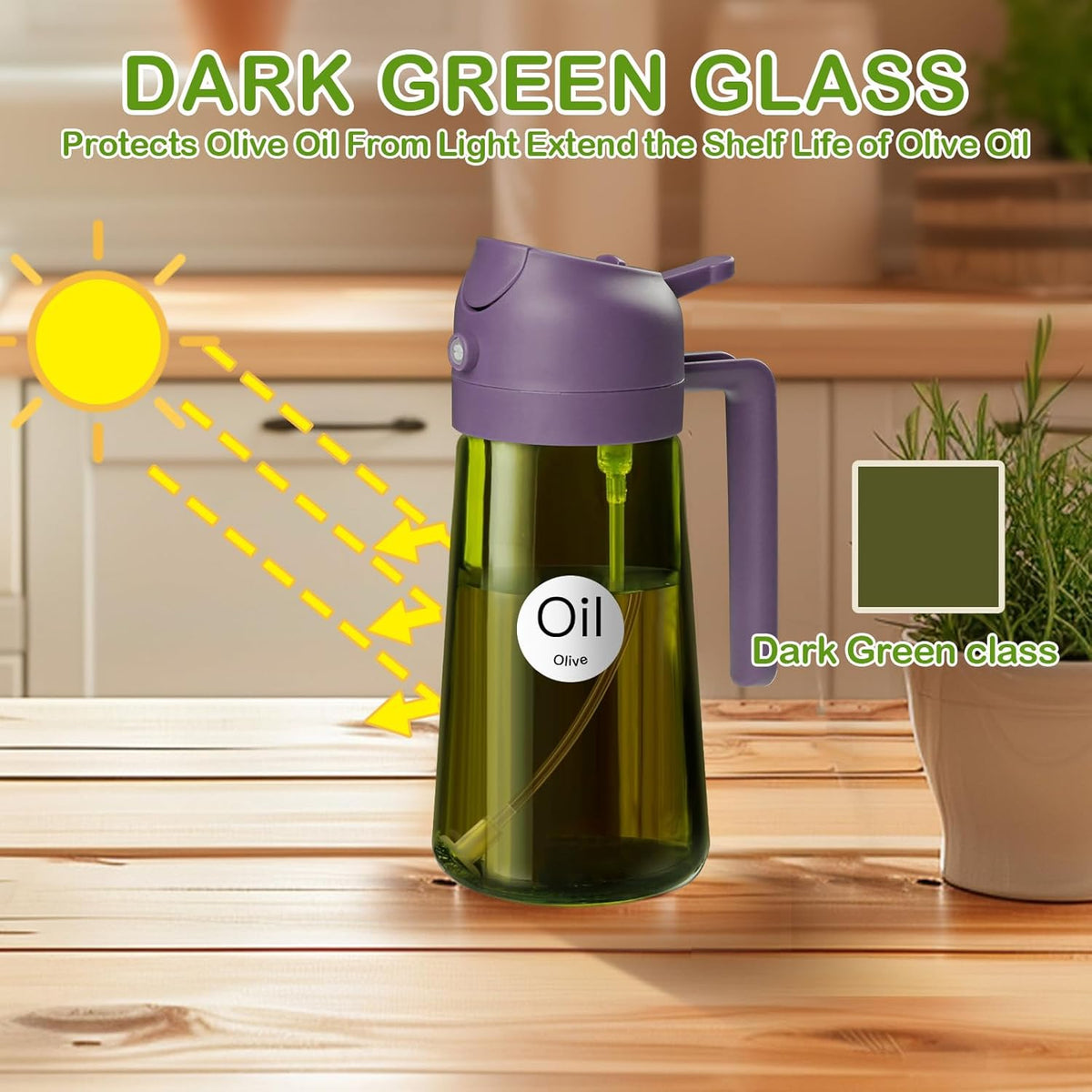 YARRAMATE 16oz/470ml Dark Green Oil Sprayer for Cooking with Stickers, Food-grade Premium 2 in 1
