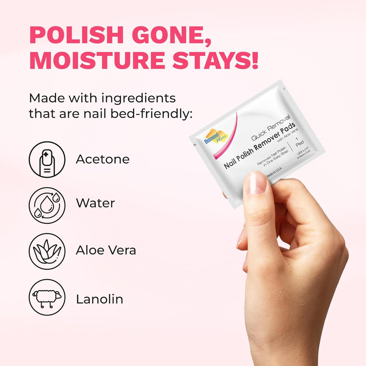 Diamond Wipes Nail Polish Remover Wipes with Aloe Vera, Acetone Nail Polish Remover Pads, 50