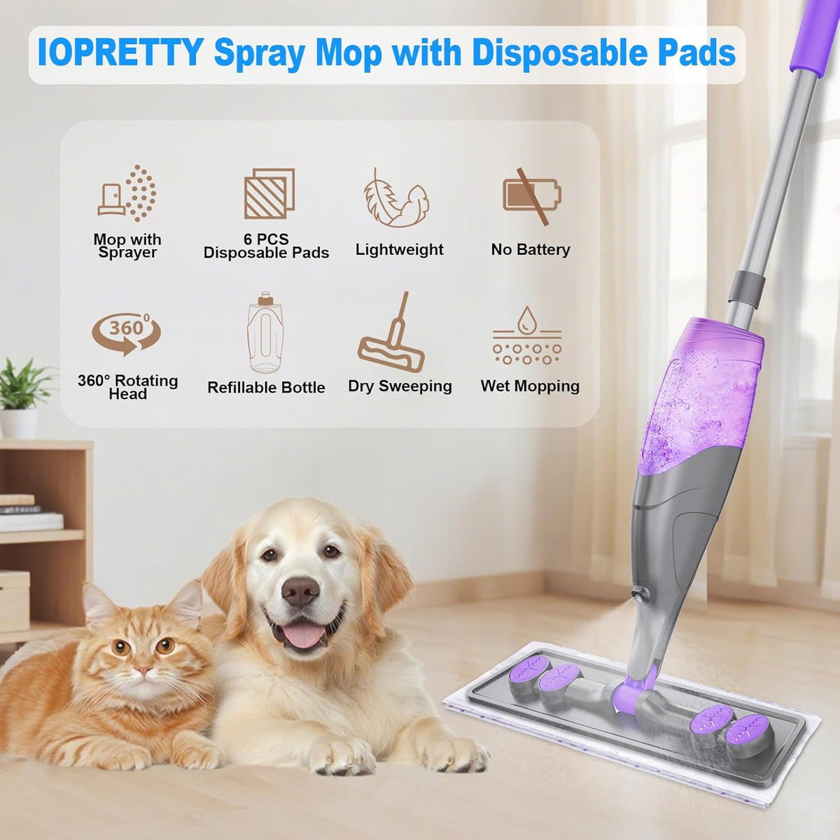 Spray Mops for Floor Cleaning - Wet Dry Mops with 6 Disposable Pads for Swiffer Powermop