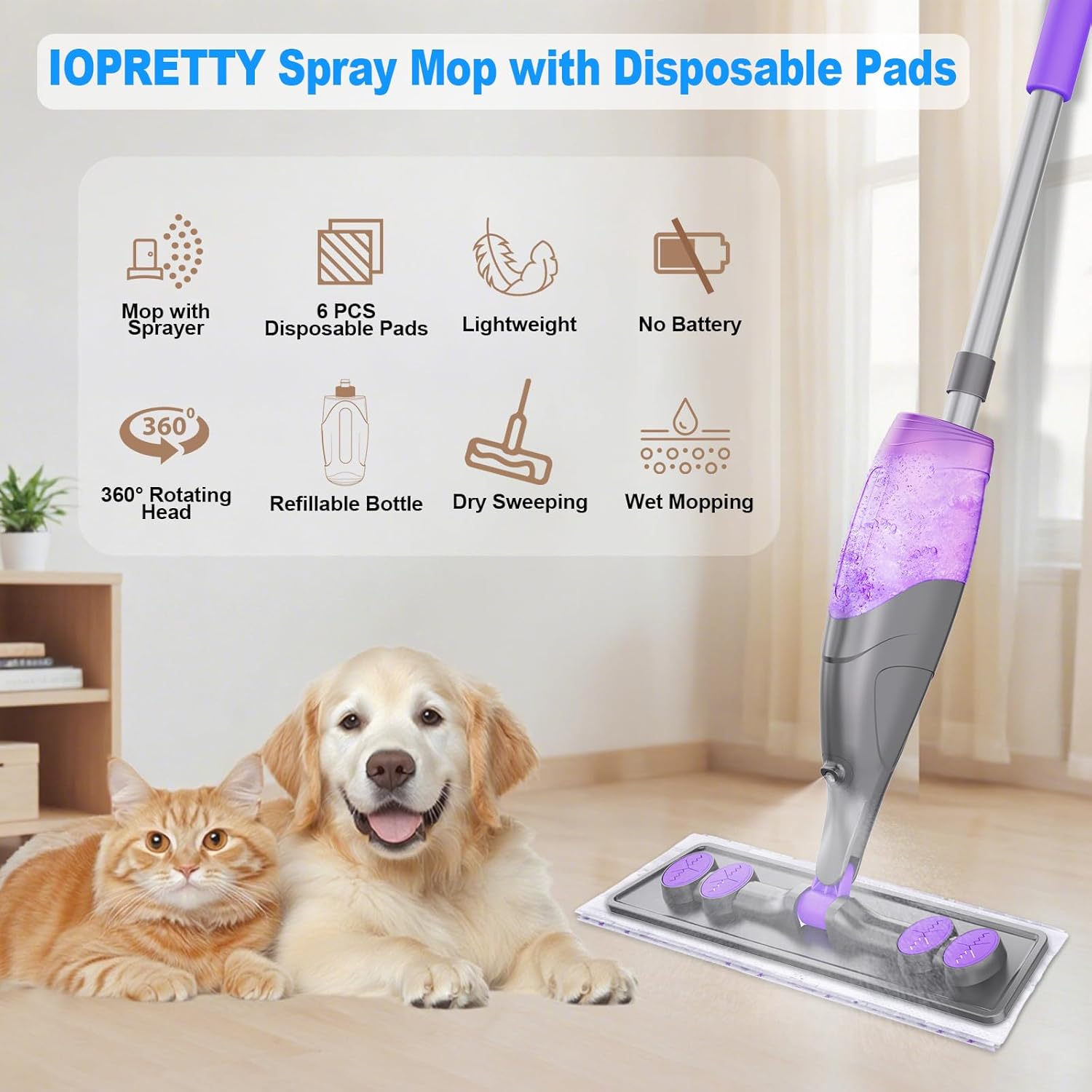 Spray Mops for Floor Cleaning - Wet Dry Mops with 6 Disposable Pads for Swiffer Powermop