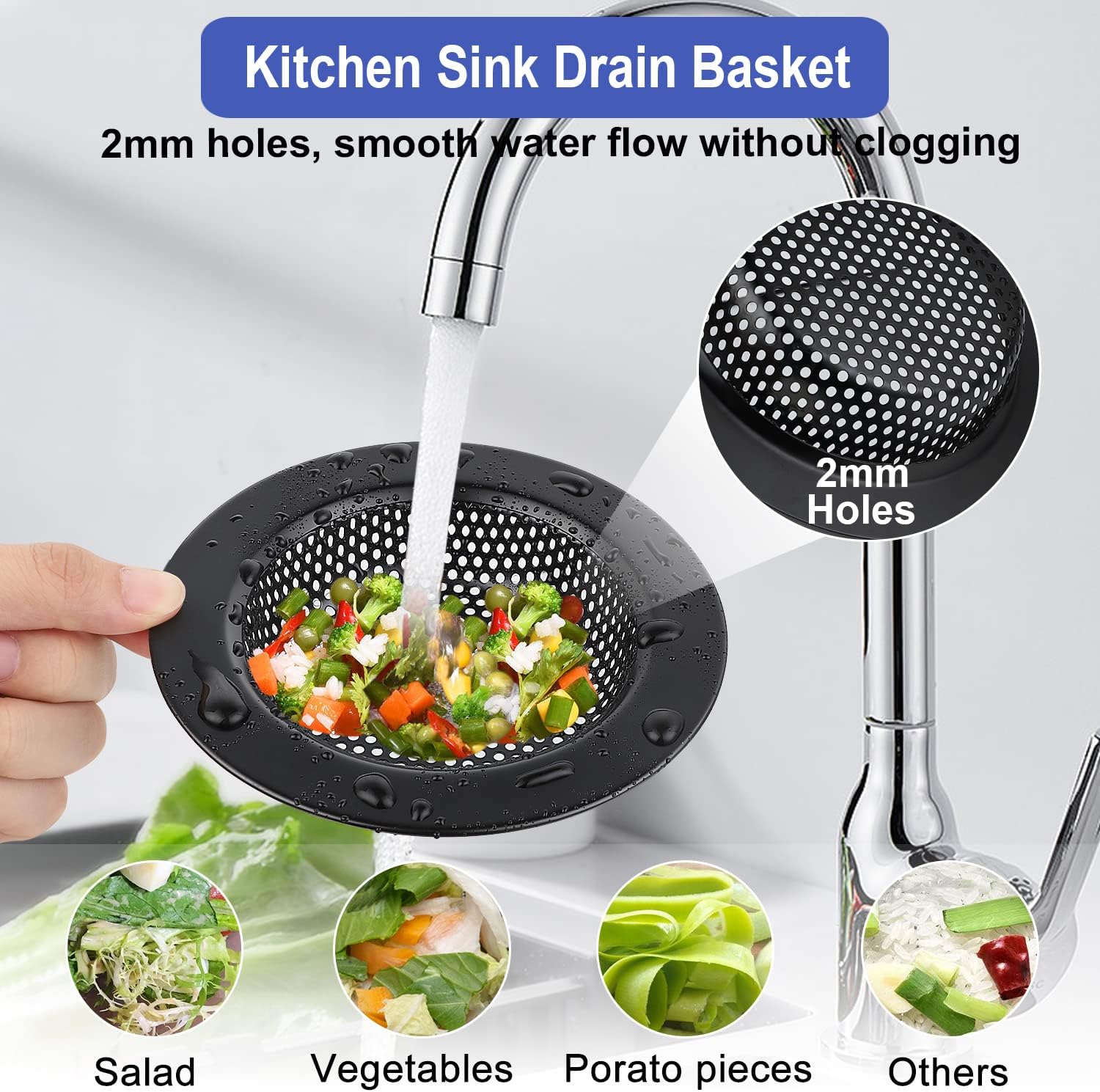 Kitchen Sink Drain Strainer 3 Pack Stainless Steel Sink Stopper, Anti-Clogging Kitchen Sink Drain