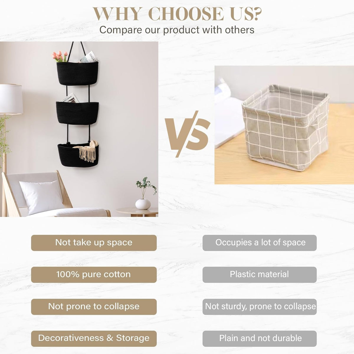 TeoKJ Over the Door Organizer, 3-Tier Woven Cotton Hanging Kitchen Baskets Storage Organizer Bag