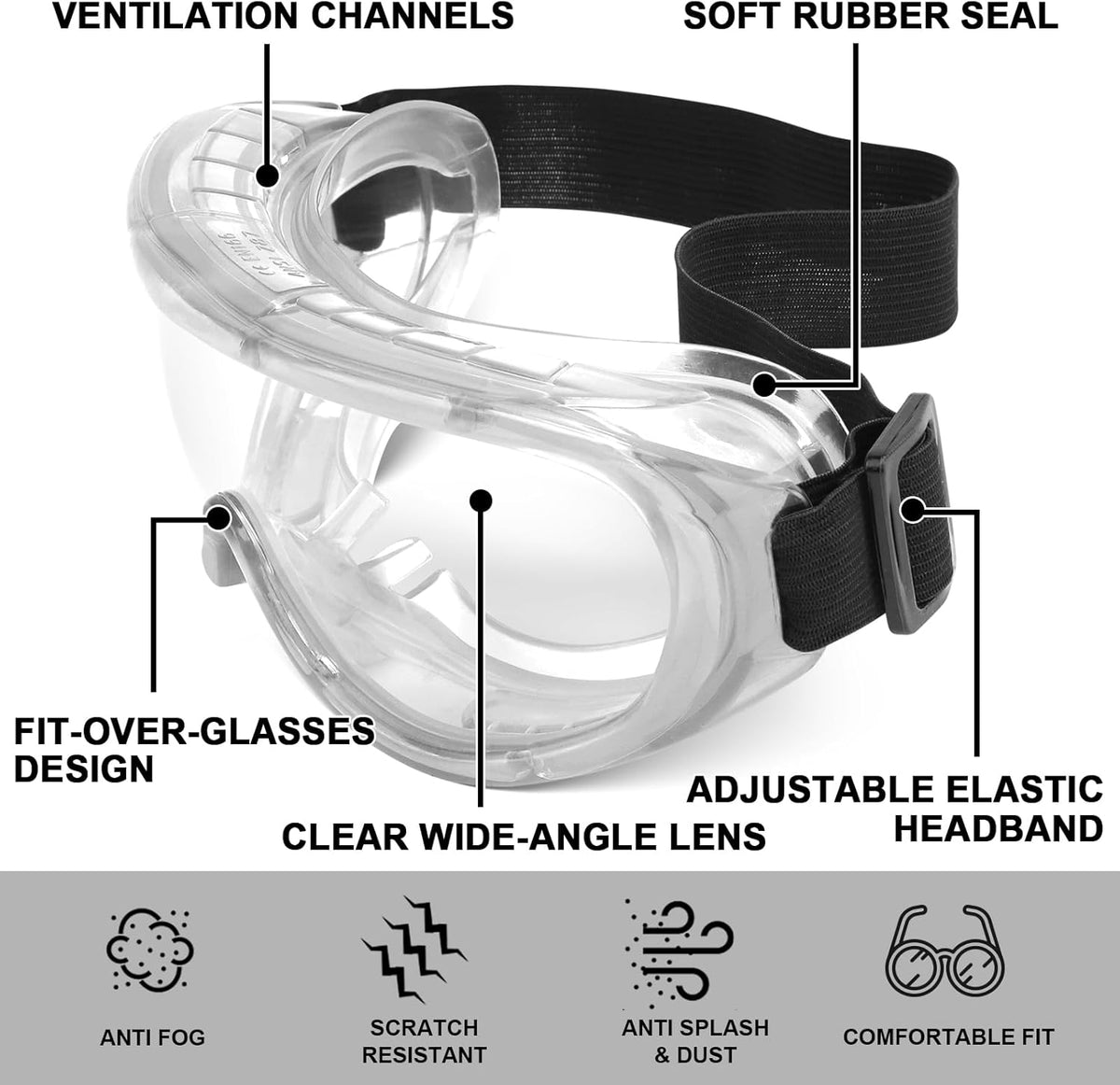 OXG 6 Pack Protective Safety Goggles Anti-Fog, Adjustable Chemical Splash Eye Protection Science