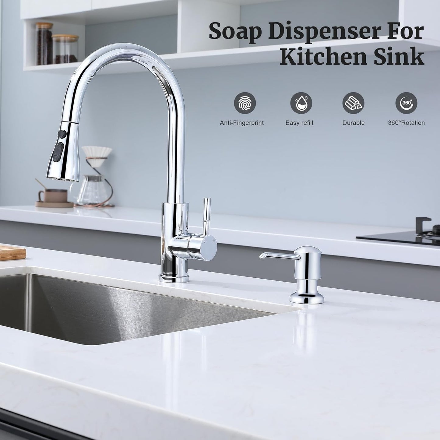 Soap Dispenser for Kitchen Sink Chrome Upgrade Built-in and Refill-from-Top Design with Liquid Hand