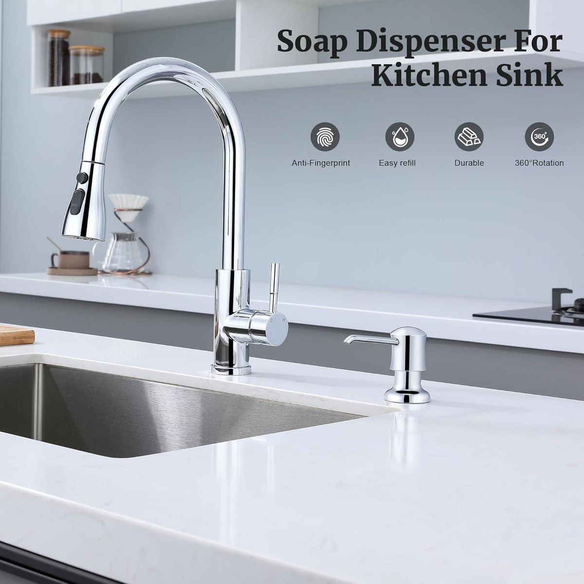 Sink Soap Dispenser for Kitchen Sink Chrome Upgrade with 40" Silicone Extension Tube Kit, Connect