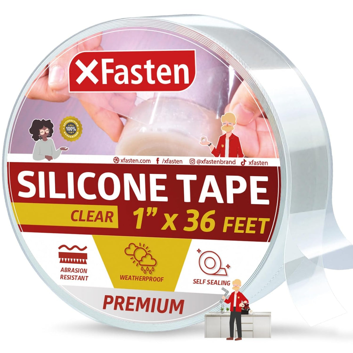 XFasten Self Fusing Silicone Tape Waterproof Clear – 1" x 36 Feet, Self Amalgamating Tape, Silicone
